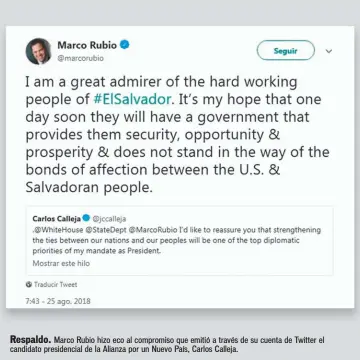  ??  ?? Respaldo. Marco Rubio hizo eco al compromiso que emitió a través de su cuenta de Twitter el candidato presidenci­al de la Alianza por un Nuevo País, Carlos Calleja.