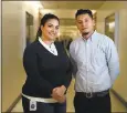  ?? NHAT V. MEYER — STAFF PHOTOGRAPH­ER ?? Juan Rocha, right, a senior at San Jose State University, poses for a picture with his mentor Alison Mackay, a Facebook recruiter, in the school’s engineerin­g building.