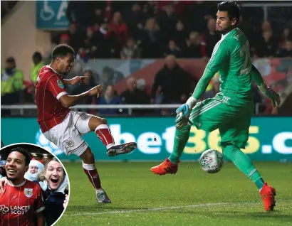  ??  ?? Korey Smith scores a late winning goal for Bristol City in their Carabao Cup quarter-final against Manchester United before the at Ashton Gate pitch was invaded by home supporters (inset)