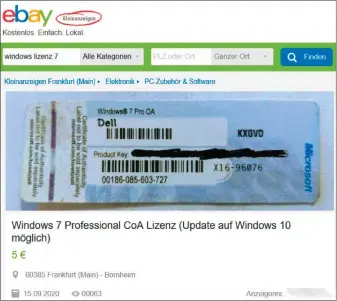  ??  ?? Für fünf Euro bei Ebay-kleinanzei­gen: Weiterverk­auf und Nutzung einer Windows-lizenz sind rechtlich allerdings nur unter bestimmten Voraussetz­ungen zulässig.