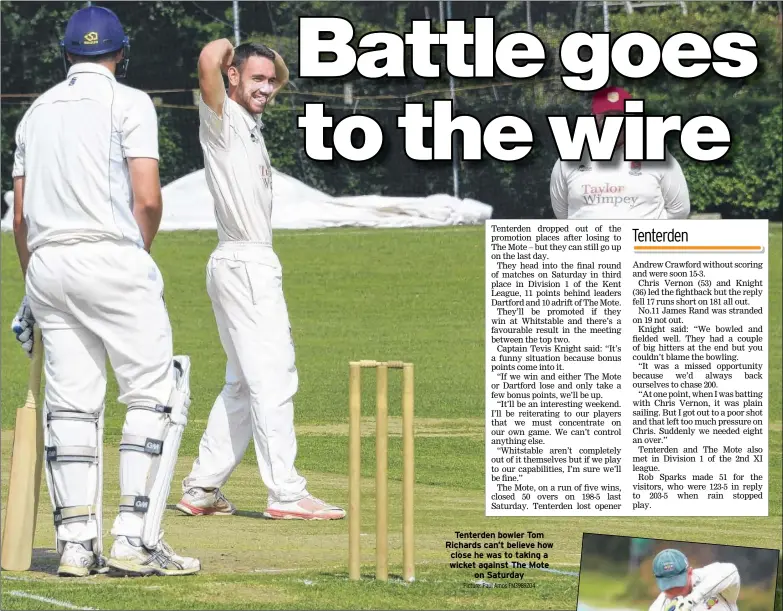  ?? Picture: Paul Amos FM3989204 ?? Tenterden bowler Tom Richards can’t believe how close he was to taking a wicket against The Mote
on Saturday