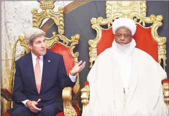  ??  ?? United States Secretary of State John Kerry (left), talks with the Sultan of Sokoto and President-General of the Nigerian National Supreme Council for Islamic Affairs (NSCIA) Muhammadu Sa’ad Abubakar during his visit to his palace in Sokoto, on Aug 23....