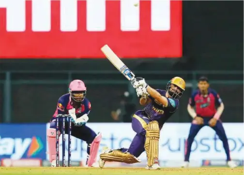  ?? Courtesy: IPL website ?? ↑
Kolkata Knight Riders’ Rinku Singh plays a shot against Rajasthan Royals during their match on Monday.