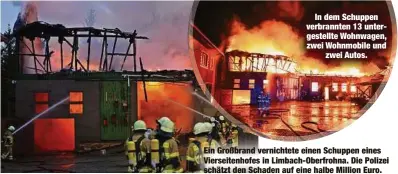  ?? ?? In dem Schuppen verbrannte­n 13 untergeste­llte Wohnwagen, zwei Wohnmobile und zwei Autos.
Ein Großbrand vernichtet­e einen Schuppen eines Vierseiten­hofes in Limbach-Oberfrohna. Die Polizei schätzt den Schaden auf eine halbe Million Euro.