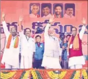  ?? PTI ?? PM Modi waves at the crowd during an election rally in support of BJP candidates, in Mahbubnaga­r, on Tuesday.