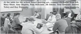  ?? Mona Weatherly ?? At the table for the school board meeting are, counter-clockwise from left, Mary Shaw, Amy Staples, Pam Holcomb, JB Atkins, Tom Osmond, Darren Tobey and Kay Einspahr.