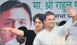  ?? PTI PHOTO ?? Priyanka Gandhi Vadra campaigns with her brother, Congress vice-president Rahul Gandhi, in Rae Bareli on Friday. This was Priyanka’s first appearance at an election rally this year.