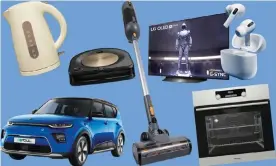  ?? Photograph­s: Which? ?? Which? products of the year, clockwise from top left: Asda’s George Home Cream Kettle; the iRobot Roomba S9+ vacuum cleaner; the Halo Capsule cordless vacuum cleaner; the LG Oled 48in TV; the Hisense built-in oven; Apple AirPods Pro; the Kia Soul electric car.