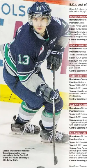  ?? RIC ERNST/PNG ?? Seattle Thunderbir­d Mathew Barzal is projected to go somewhere in the first half of the first round of Friday’s NHL Entry Draft.