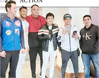  ?? PHOTOGRAPH COURTESY OF MEMO HEREDIA ?? JERWIN Ancajas (third from right) and Memo Heredia (fourth from right) strike a pose with Sean Gibbons, Eumir Marcial, Jonas Sultan and Joven Jimenez.