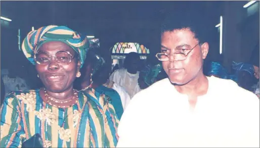  ??  ?? Mrs. Oyenike Ibru with husband, Michael during her 60th birthday at The African Bethel Church, Broad Street, Lagos in 1994