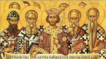  ??  ?? It was understood that Emperor Constantin­e stood in for Christ until Christ returned to institute God’s kingdom on Earth. Here he appears with the Council of Nicaea, which approved the Nicene Creed in 325 A.D. in an attempt to settle early church...