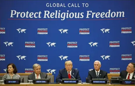  ?? Evan Vucci/Associated Press ?? President Donald Trump speaks at an event on religious freedom Monday during the United Nations General Assembly in New York. From left, United Nations Chef de Cabinet Maria Luiza Ribeiro Viotti, United Nations Secretary General Antonio Guterres, Mr. Trump, Vice President Mike Pence, and Secretary of State Mike Pompeo.