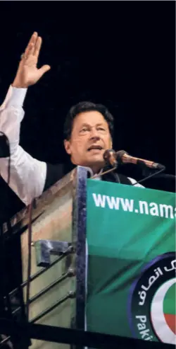 ?? ?? OUSTED PAKISTANI PRIME MINISTER Imran Khan during a rally in Lahore, Pakistan, on April 21.