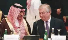  ?? Reuters ?? Saudi Minister of Arab Gulf Affairs Thamer Al Sabhan speaks with Russian Special Presidenti­al Envoy for Syria Alexander Lavrentiev during a Syrian opposition meeting in Riyadh.
