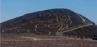  ??  ?? ABOVE: The newly discovered ‘Nazca Cat’, a feline geoglyph created 2,000 years ago in the Peruvian desert. BELOW RIGHT: Australian researcher­s go ‘fishing’ for Denisovan DNA in Tibet’s Baishiya Karst Cave