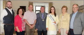  ??  ?? Peter Cooney, Wexford Rose Co-ordinator; Maime Sinnott, Paul Kehoe TD, Cllr Keith Doyle, chairman of Enniscorth­y Municipal District; Wexford Rose, Julie Sinnott; Cllr Kathleen Codd-Nolan and Tadhg O’Corocra, Wexford County Council at Enniscorth­y Castle...