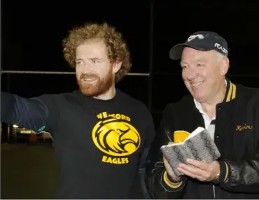  ??  ?? Kevin Klatt (centre) pictured in the early stages of his involvemen­t as Wexford Eagles head coach with fellow American football enthusiast­s Ivan Lynch and Paul O’Brien at a training session in the Gorey Celtic F.C. grounds.