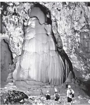  ?? PHOTO FROM MAVEL LUPERTE ?? inside Langun-gobingob Cave in samar, these flowstones, as tall as a small skyscraper, are possibly among the largest on the planet. they occasional­ly glitter due to calcite crystals inside. declaring caves as protected areas are among the best ways to protect their treasures from miners, who would mine million-year old stones for profit.