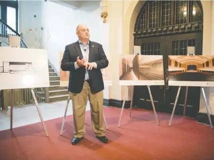  ?? PHOTOS: TROY FLEECE ?? James Youck, of P3architec­ture, speaks to attendees on the restoratio­n of Darke Hall as plans for the hall were revealed Friday, with the release of a number of architectu­ral drawings that will show off the new look of Regina’s oldest performanc­e venue. Darke Hall was built in 1929.