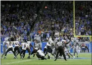  ?? TONY DING — THE ASSOCIATED PRESS ?? Baltimore Ravens kicker Justin Tucker (9) kicks a 66-yard field goal in the second half against the Detroit Lions in Detroit. Baltimore won 19-17.