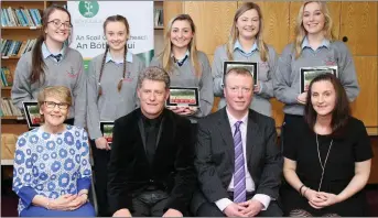  ??  ?? Senior Girls Football award winners pictured with Guest of honour Liam O’ Connor, Principal Mary O’ Keeffe, Deputy Principal DJ McSweeney, and their teacher Margaret Fitzgerald.