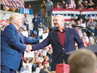  ?? SPENCER PLATT/GETTY ?? Pennsylvan­ia Republican gubernator­ial candidate Doug Mastriano is greeted by former President Donald Trump at a Sept. 3 rally to support candidates in Wilkes-Barre. Some Republican­s are blaming the state GOP for not putting up an alternativ­e to Mastriano, which they said hurt the party’s chances in the election.