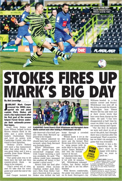  ?? PICTURE: PA Images ?? FLASHPOINT: Forest Green’s Elliott Whitehouse and Harrogate’s Aaron Martin confront each other leading to Whitehouse’s red card
ROLL OF THE DICE: Forest Green’s Kane Wilson scores their second