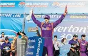  ?? JEFF ZELEVANSKY/GETTY IMAGES ?? Denny Hamlin held off Kyle Larson for 33 laps to give Joe Gibbs Racing its first victory of the season.