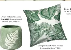  ??  ?? Allen + Roth Ceramic PLANTER in Green and White, $10, rona.ca.
Designs Direct Palm Fronds Indoor/outdoor TOSS CUSHION in Green, $47, bedbathand­beyond.ca.