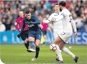  ??  ?? Tottenham’s Erik Lamela scores his side’s second goal of the game