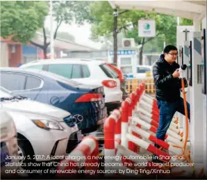  ??  ?? January 5, 2017: A local charges a new energy automobile inn Shanghai. Statistics show that China has already become the world’s largestrge­st producer and consumer of renewable energy sources. by Ding Ting/xinhua nhua