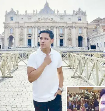  ?? ?? Gerald Santos’ ‘first Schengen territory concert’ in Vienna, Austria is available for streaming via Ticket2Me. Above photo: The singer-actor visits the Vatican City in between shows.