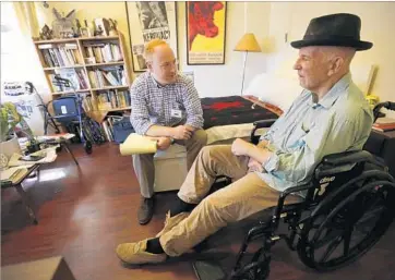  ?? Al Seib Los Angeles Times ?? LEWIS MacADAMS, right, meets with historian Michael Block, recounting stories from his life as a poet and crusader for the Los Angeles River. The conversati­ons will be the basis for an upcoming memoir.