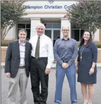  ?? The Sentinel-Record/Mara Kuhn ?? MEET THE FACULTY: Shane Robertson, left, the dean of Biblical studies at Champion Christian College, Ralph Ohm, chairman of the college’s board of trustees, Eric Capaci, college president, and Tamra Barrett, the dean of profession­al studies, have big...