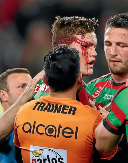  ?? GETTY IMAGES ?? Rabbitohs forward Liam Knight is treated after being hit high by Roosters and Kiwis prop Jared Waerea-Hargreaves in September. The incident was deemed a ‘‘rugby league accident’’.