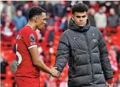  ?? ?? Liverpool’s Trent Alexander-arnold (L) and Luis Díaz look dejected after their defeat to Crystal Palace