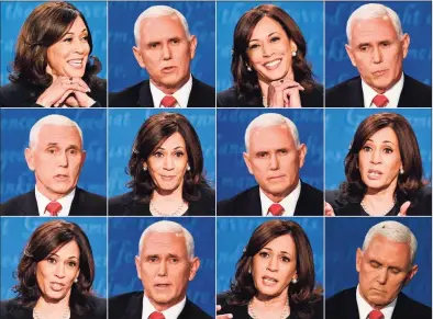  ?? Robyn Beck / AFP via Getty Images ?? A combinatio­n of pictures shows Democratic vice presidenti­al nominee and U.S. senator from California Kamala Harris and Vice President Mike Pence during the vice presidenti­al debate Wednesday in Salt Lake City, Utah.