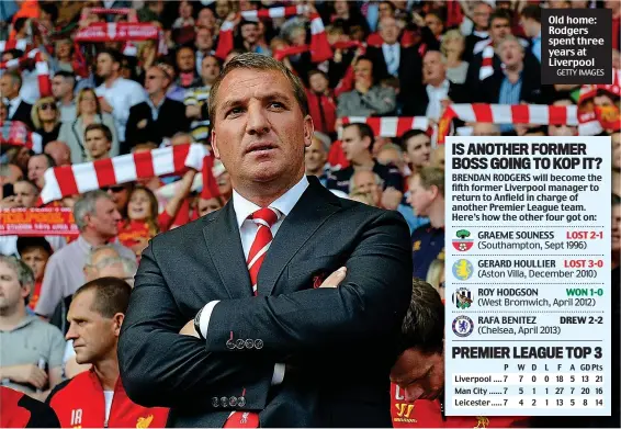  ?? GETTY IMAGES ?? Old home: Rodgers spent three years at Liverpool
