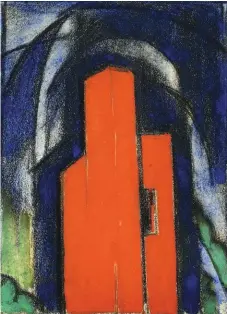  ??  ?? Oscar Florianus Bluemner (1867-1938),Red House Madonna, 1933. Pastel and watercolor on paper, 4 x 31/8 in., inscribed lower center: ‘ul Ver Madonna’; inscribed verso: ‘I paint nature // human nature’. Courtesy Betty Krulik Fine Art, Ltd.