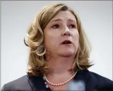  ?? JOHN MINCHILLO — THE ASSOCIATED PRESS FILE ?? Dayton Mayor Nan Whaley speaks during a news conference regarding a mass shooting in Dayton in 2019. Whaley, Governor Mike DeWine’s Democratic opponent in his reelection campaign,has called on him to issue a mask mandate for K-12schools.