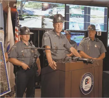 ?? STAFF PHOTO BY FAITH NINIVAGGI ?? SEE SOMETHING, SAY SOMETHING: State police Col. Richard McKeon discusses Fourth of July safety measures during a press conference yesterday.