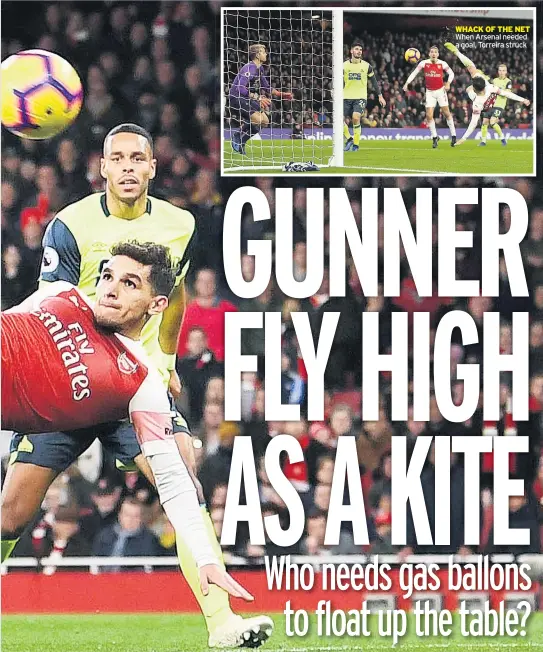  ??  ?? WHACK OF THE NET When Arsenal needed a goal, Torreira struck
