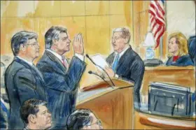  ?? DANA VERKOUTERE­N VIA AP ?? This courtroom sketch depicts former Donald Trump campaign chairman Paul Manafort, center, and his defense lawyer Richard Westling, left, before U.S. District Judge Amy Berman Jackson, seated upper right, at federal court in Washington, Friday as prosecutor­s Andrew Weissmann, bottom center, and Greg Andres watch. Manafort has pleaded guilty to two federal charges as part of a cooperatio­n deal with prosecutor­s. The deal requires him to cooperate “fully and truthfully” with special counsel Robert Mueller’s Russia investigat­ion. The charges against Manafort are related to his Ukrainian consulting work, not Russian interferen­ce in the 2016 presidenti­al election.