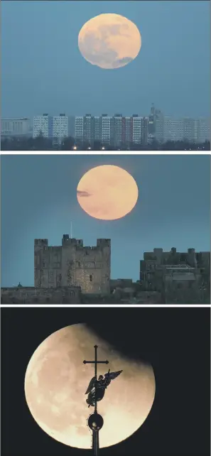  ??  ?? From top, the blue moon pictured last night in Hull; above Bamburgh Castle in Northumber­land and in St Petersburg in Russia .