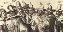  ??  ?? Ocho de los trece conspirado­res que pretendier­on volar el Parlamento británico en 1605. Guy Fawkes es el tercero por la derecha. La obra es de Crispijn van de Passe.