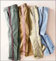  ??  ?? Add ribbons to old cargo pants. Striped grosgrain, 1 ½ inches (similar to shown), $3 a yard; 50 millimeter velvet ribbon, 2 inches, in Baby Pink, $4 a yard; and 25 millimeter metallic ribbon, in Gold, $2 a yard, mjtrim.com. Cotton twill tape, 1 inch,...