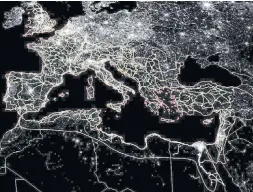  ?? THE WASHINGTON POST ILLUSTRATI­ON ?? This image draws on data from NOAA Earth Observator­y and the Natural Earth and Digital Atlas of Roman and Medieval Civilizati­on. Roman roads are yellow, the empire’s boundaries red, and today’s nighttime illuminati­on glows white.