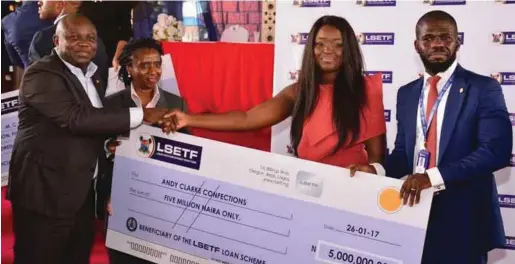  ??  ?? L-R: Ambode, Chairman of LSETF, Mrs. Ifueko Omoigui-Okauru; Founder of Andy Clarke Confection­s, Mrs. Adetola Akitoye and LSETF Executive Secretary, Mr. Akintunde Oyebode, at the cheque presentati­on ceremony at the LTV Blue Roof, Ikeja… recently