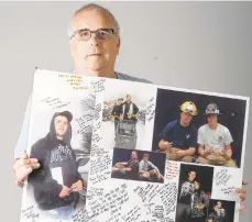 ?? CONTRIBUTE­D PHOTO ?? Longtime emergency medical technician Chuck Deprill shows a photo memorial to his firefighte­r son who died from an overdose after fighting an opioid addiction.
